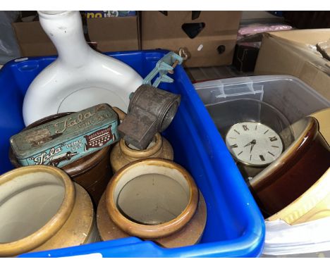2 boxes of household items to include stoneware, bedpan, bowl, icing set, old mincer, a chromed vintage car mirror and a glas
