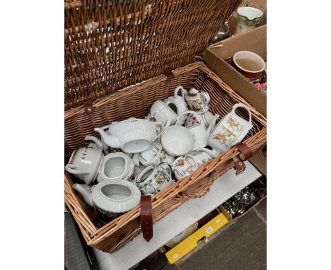 A wicker hamper (F&amp;M) containing mainly small teapots etc including Spode 