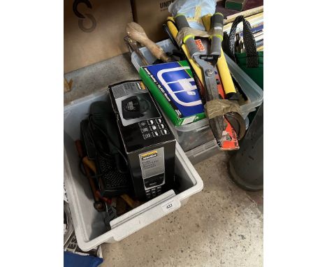 3 boxes of tools including sander, battery charger,  garden shears etc 