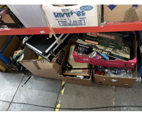 5 boxes and 1 case of various items including tools, household items, camping chairs, rope pulleys, games, ornaments, pottery