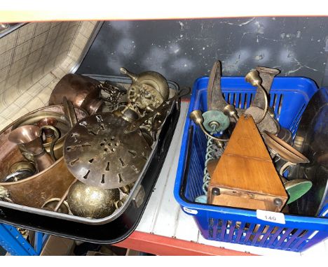A case and a box of brassware, metalware and a metronome, etc. 