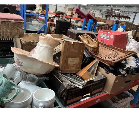 4 boxes of assorted items including music stands, a metronome, sewing seat box with contents, an Eumig cine projector, cutler