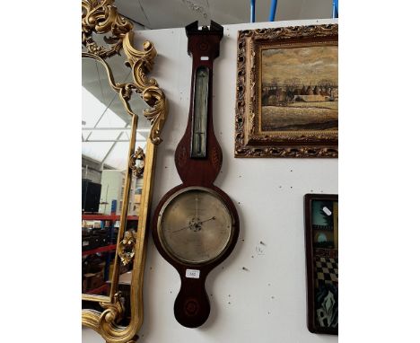 An antique inlaid mahogany banjo barometer / thermometer. 
