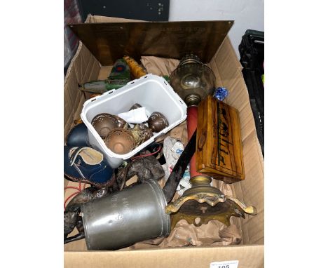 Two boxes of assorted misc. including a King Arthur brass plaque, an oil lamp, a plaster figure, Eastern items, a letter open