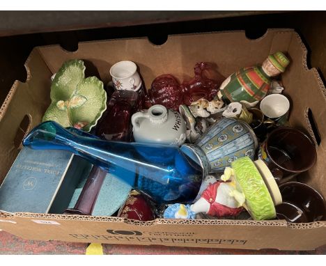 A mixed box of glass and ceramics including Royal Worcester, Branksome, Staffordshire, cranberry glass etc 