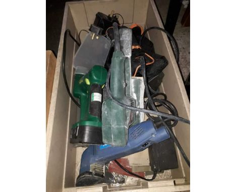 A box of electrical items including Bosch sander, Flymo charger unit etc. 