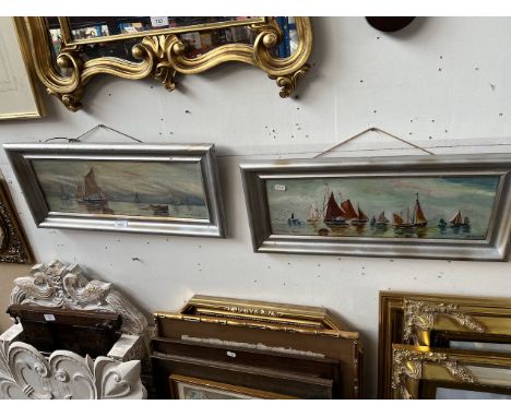 Early 20th century school, pair of oil on boards, seascapes with boats 'Hazy Morn' & 'Misty Evening' , signed M. Ireland, fra