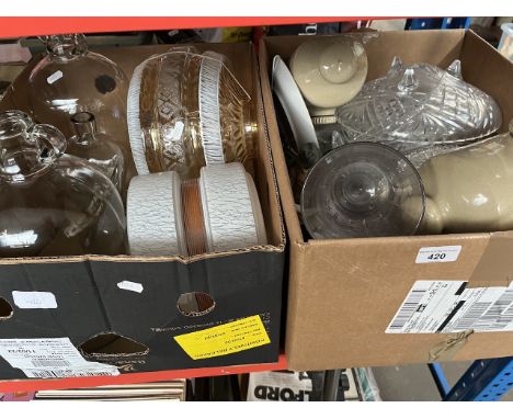 A box of glass and stoneware, and a box with 2 demijohns and vintage glass lightshades 
