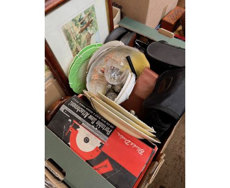 A mixed box to include Doulton plates, flying shuttle, barometer, watercolour, fishing reels, 2 pairs of binoculars etc 