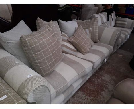 A cream 3 seater sofa and matching 2 seater sofa with scatter cushions, from Stokers Ltd Southport. 