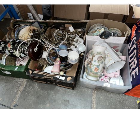 4 boxes of misc items including ceramics, pottery, collector's plates, table lamp, brassware, wall mounted brass lights, orna