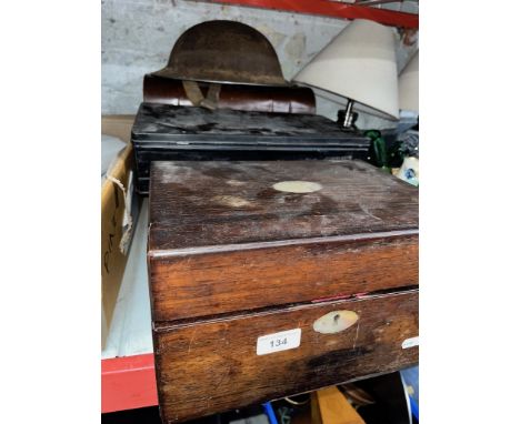 A wooden box with haberdashery items together with 2 empty deed boxes, an empty metal box and a metal army helmet.