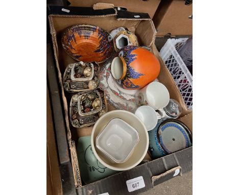 A mixed box of pottery including Japanese lidded dishes, a Japanese vase, a Crown Devon vase and bowl, Royal Worcester egg co