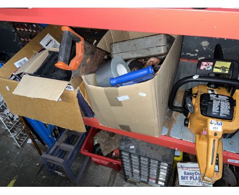 2 boxes of mainly tools, garageware to include unused die grinder, various tools, oil lamp, saws, a JCB petrol chainsaw, etc.