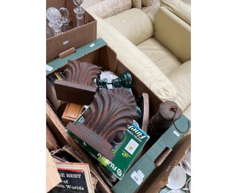 A box of assorted items including a set of scales, miner's lamp, etc. 