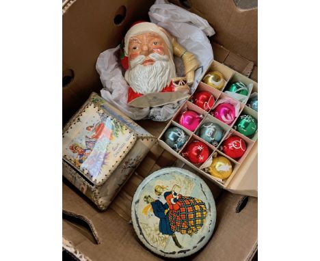 A box of Christmas items including vintage tin and vintage box containing old glass baubles, a box of 12 vintage baubles and 