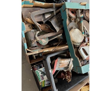 4 boxes of tools and garage ware including hand saw, G clamp, chisels etc 