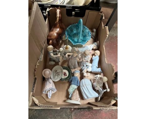 A box of figurines, mainly Leonardo Collection, a shire horse figure, and a vintage blue glass basket 