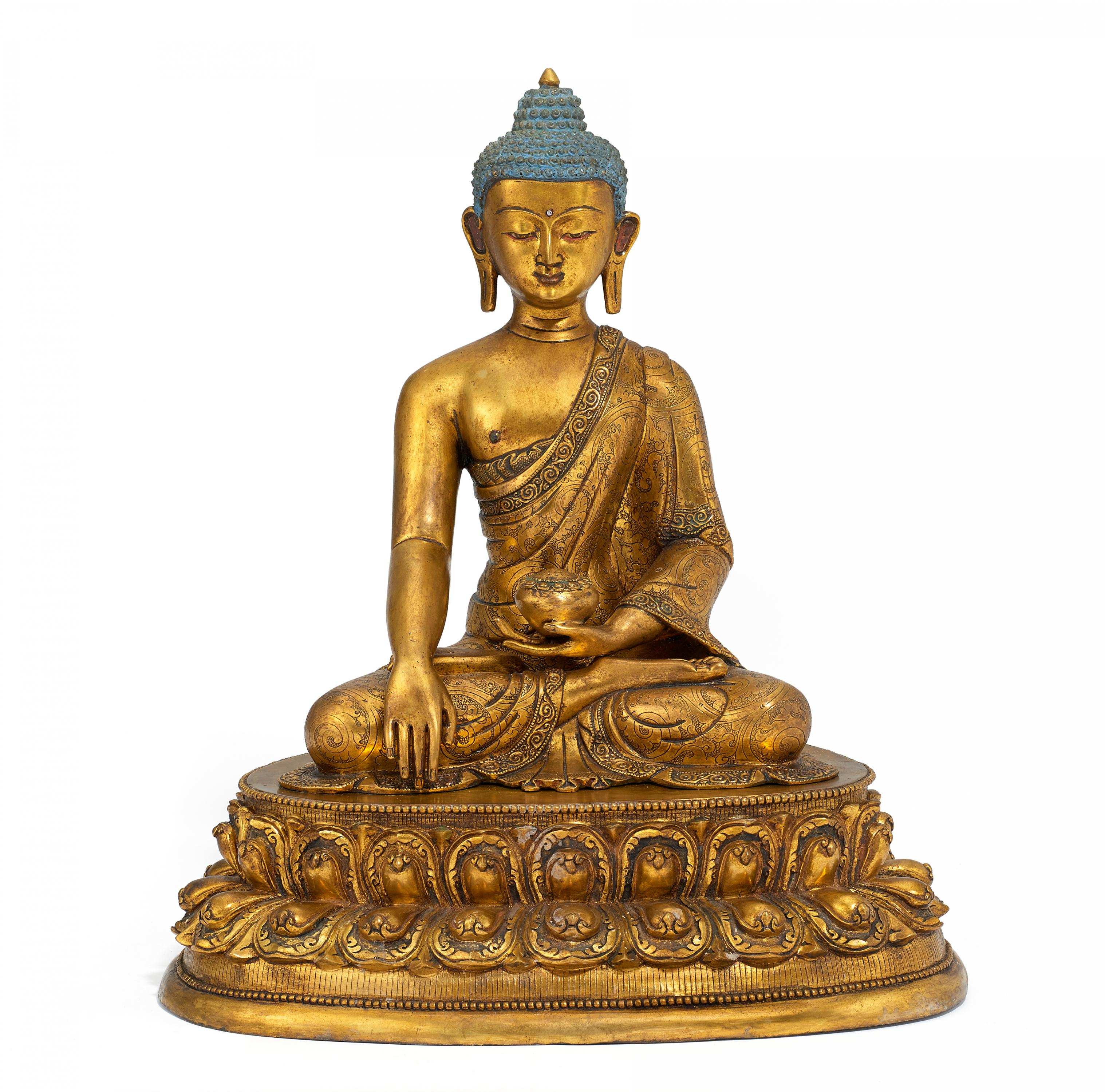 Buddha Shakyamuni. Sinotibetan. Bronze Fire Gilt And Painted With 