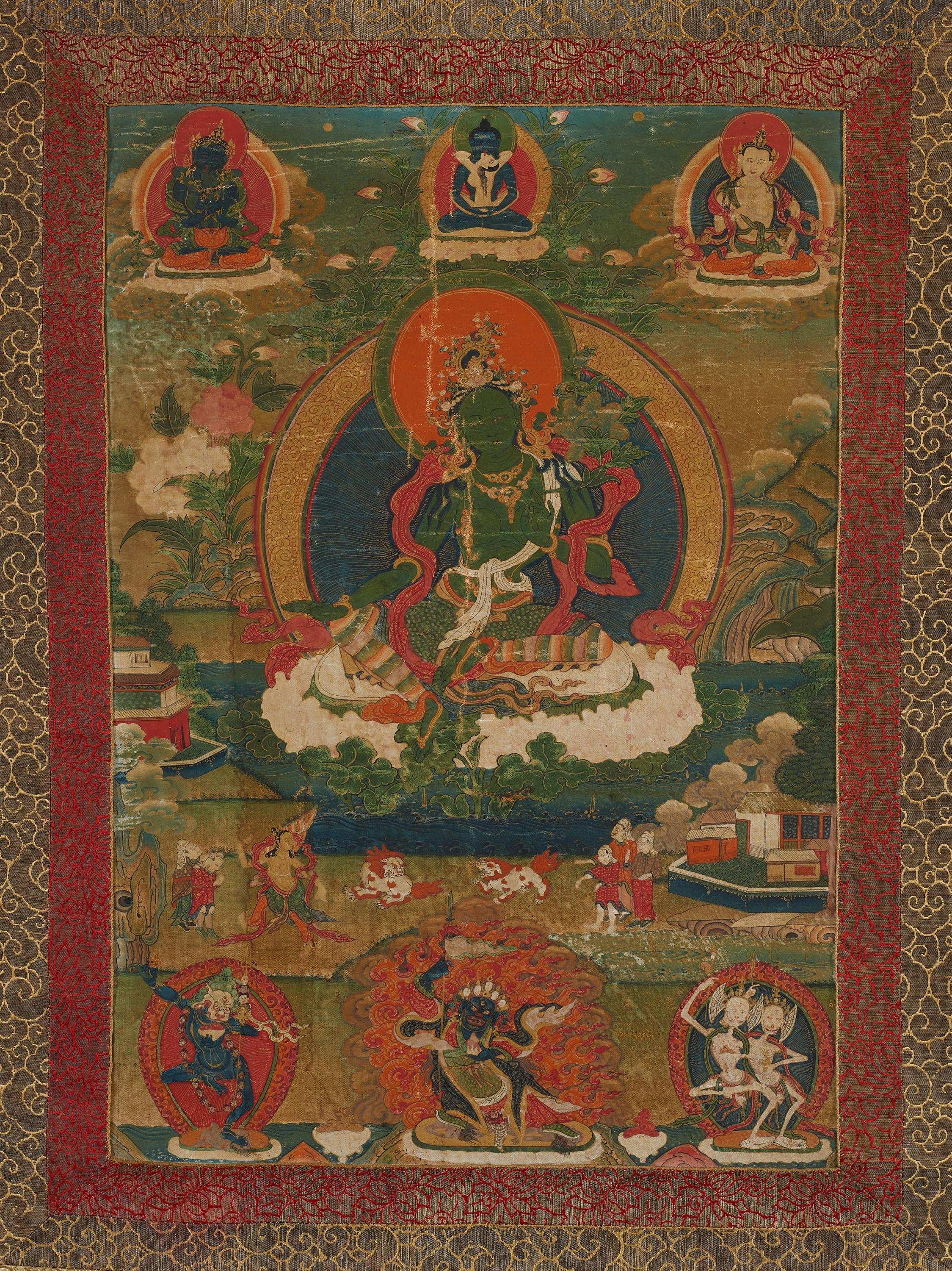 THANGKA WITH THE GREEN TARA. Tibet. 19th/20th c. Colors and gold on ...