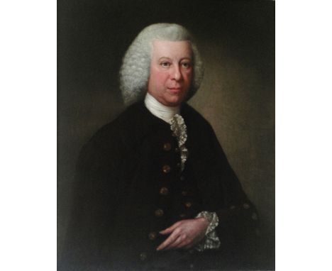 English School (late 18th century) Portrait of a bewigged Jersey Advocate, wearing a ruffled cravat and lace cuffs beneath a 