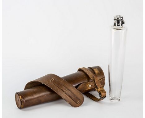 A late 19th century glass hunting flask elongated tapering form, with silver hinged collar and lid for James Dixon, Sheffield