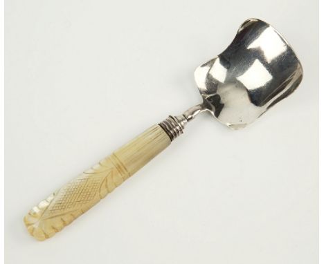 A George IV silver caddy spoon Unite & Hilliard, Birmingham 1831, mother of pearl handle with cross hatch engraving within di