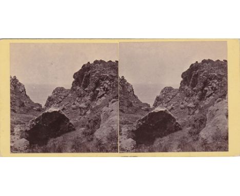 A Channel Islands stereoview card showing a rocky landscape at The Gouffre, Guernsey, by T. B. Hutton, pasted title verso.