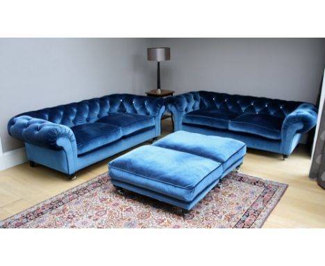 A good quality Chesterfield style sofa modern, upholstered in kingfisher blue velvet with facetted crystal buttoning, raised 