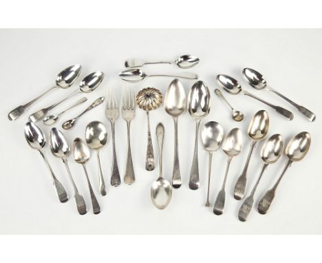 A collection of silver flatware comprising 15 x teaspoons, 2 x tablespoons, 2 x forks, 3 salt spoons, shell bowl sauce ladle,