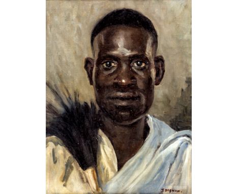J. Brenan (probably American, early 20th century) Portrait of a black man holding a fan oil on canvas, signed lower right 17½