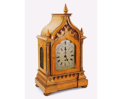 A Victorian Gothic oak bracket clock by James Dann of Wisbech, eight day English carillon chiming movement, signed silver dia