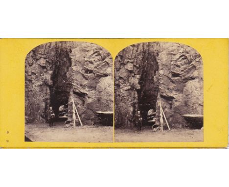 A Channel Islands stereoview card 19th century, by T. B. Hutton, observing a gentleman in front of the entrance to Le Creux, 