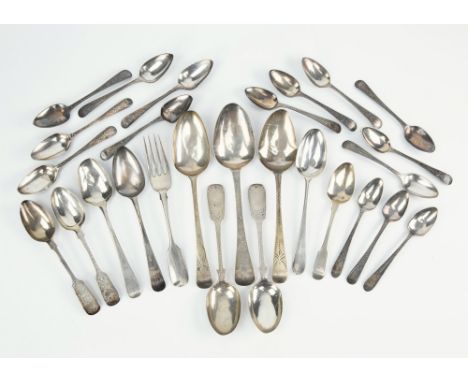 Two sets of six George III bright cut silver tea spoons London 1806-07 and 1811, Old English pattern; together with various G