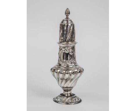 An Edwardian silver baluster sugar caster Charles Stuart Harris, London 1901, with gadrooned and fluted decoration, vacant sc