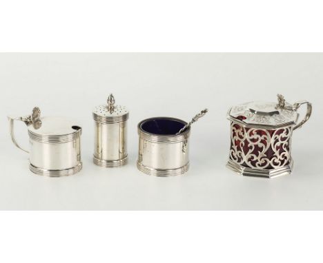 A Victorian silver mustard pot George John Richards, London, 1852, octagonal form with pierced scroll work body, domed hinged