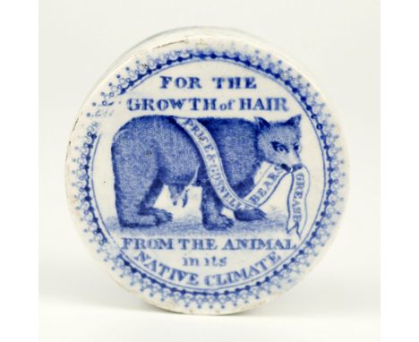 An early 19th century Price &amp; Gosnell bears grease pot lid 'For the Growth of Hair From the Animal in it's Native Climate