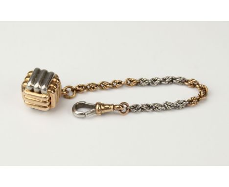 A 14ct rose gold and platinum fob chain the two colour chain with hinged clasp and cube shaped buttonhole toggle, 4¾in. (12cm