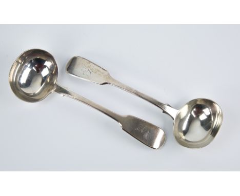 A pair of early Victorian silver sauce ladles William Eaton, London 1842, fiddle pattern, scroll monogram to terminal, 7in. (