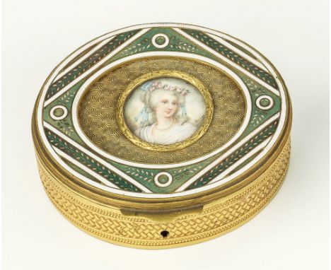 A French gilt jewellery casket circa 1820, oval form, the hinged lid with centralised circular miniature of a female wearing 