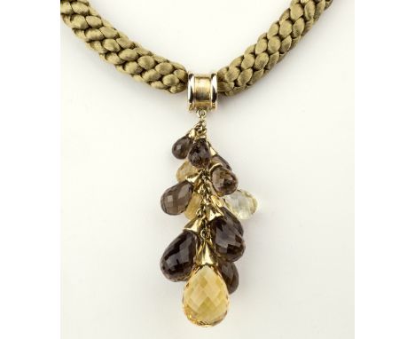 A two-colour gold, citrine and smoky quartz briolite cut pendant the pendant suspending four citrine and ten graduated smoky 