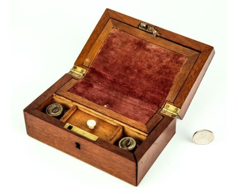 An antique miniature apprentice piece writing slope late 19th century, the tiny writing slope with two glass inkwells, dusty 