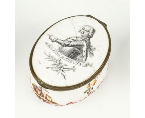An enamelled metal snuff box late 18th century, oval form, the hinged lid with a centralised depiction of The King of Prussia