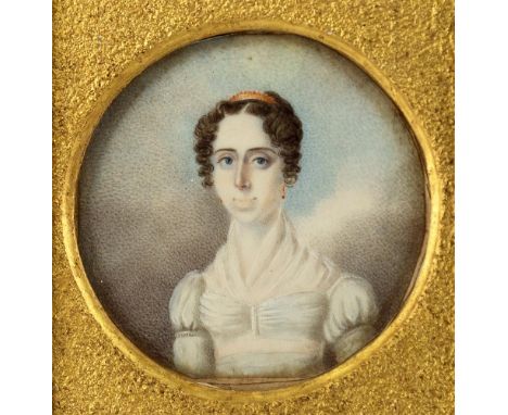 French School (second quarter 19th century) a portrait miniature of a young lady, watercolour on ivory, circular, with centre