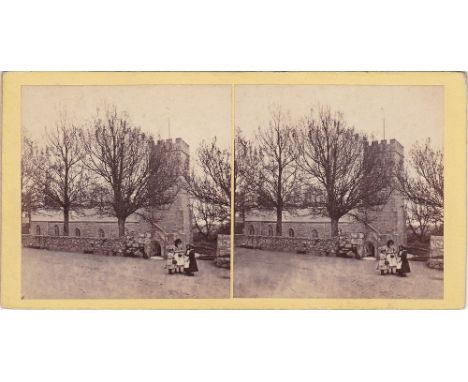 A Channel Islands stereoview card depicting three girls in their Sunday best outside St Peters Church, Guernsey, by T. B. Hut