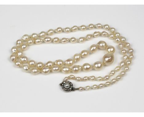 An antique cultured pearl necklace 1920s-30s, the single strand of graduated pearls of teardrop shape, measuring from 4mm. to