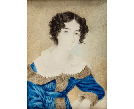 A 19th century portrait miniature of a lady watercolour on ivory, with dark, centre parted hair and blue dress with lace coll