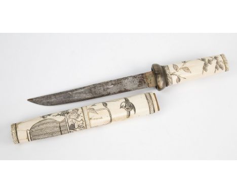 An Oriental ceremonial ivory dagger 19th century, ivory handle with horn collar with steel blade, ivory scabbard with figures