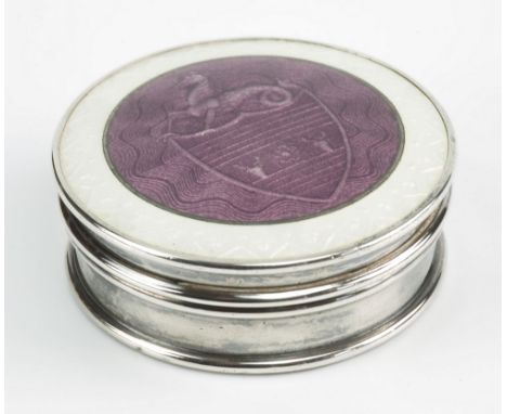 An Edwardian silver patch box makers mark B. C., Birmingham 1911, enamel guilloche lid, violet reserve with Hippocampi above 