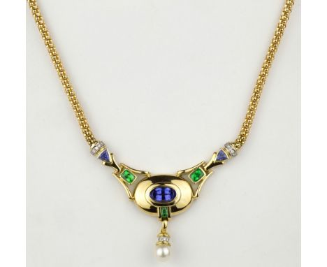 An 18ct yellow gold, Tanzanite, Tsavorite, pearl and diamond necklet the main oval setting with collet set oval cut Tanzanite